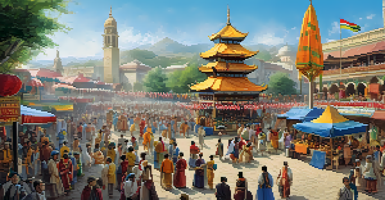 A lively cultural festival with colorful stalls, traditional attire, and historic buildings in the background.