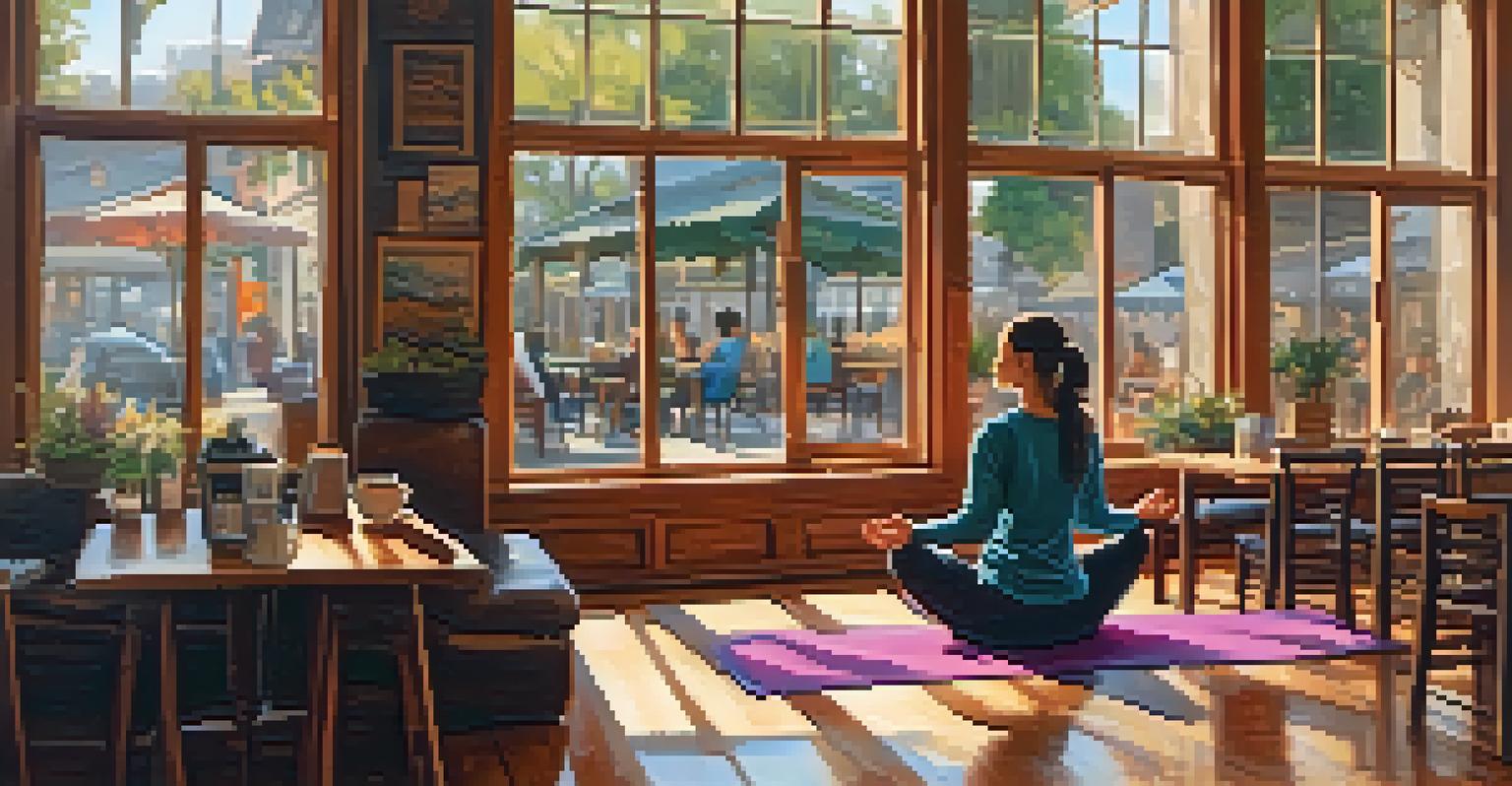 A traveler practicing yoga in a cozy coffee shop with wooden furniture and warm lighting.