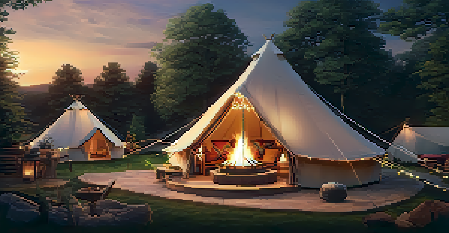 An elegant glamping site at sunset, featuring luxurious tents, a fire pit, and fairy lights for ambiance.
