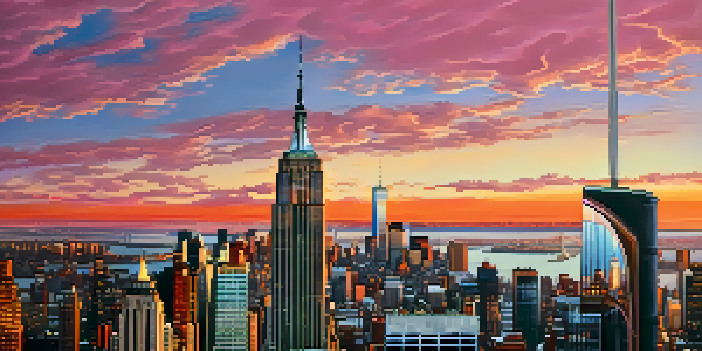 A panoramic view of the New York City skyline during sunset, with vibrant sky colors and busy streets filled with lights.