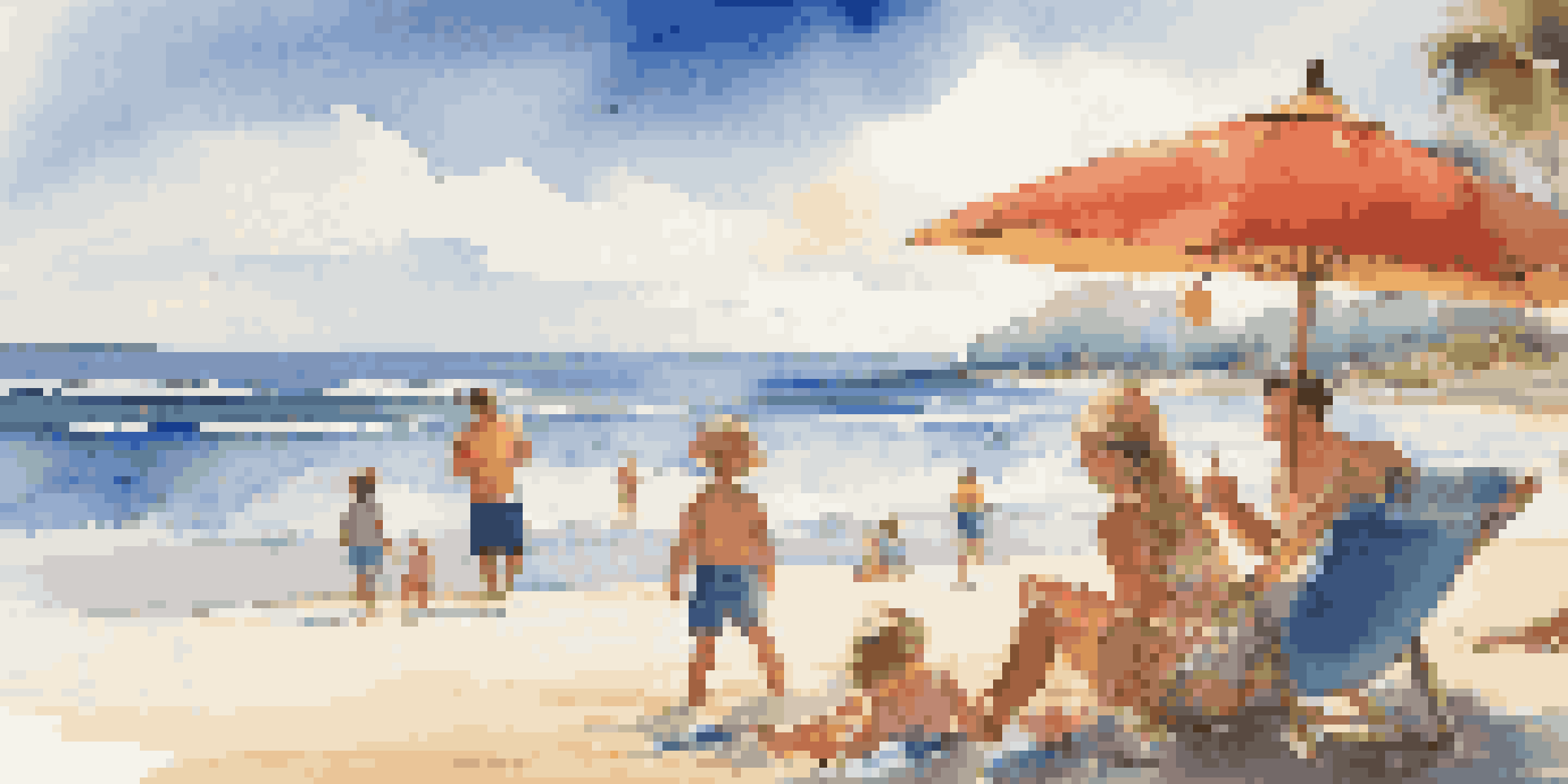 A family enjoying a day at the beach with children playing in the sand and parents relaxing under an umbrella.