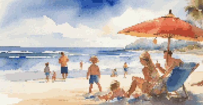 A family enjoying a day at the beach with children playing in the sand and parents relaxing under an umbrella.