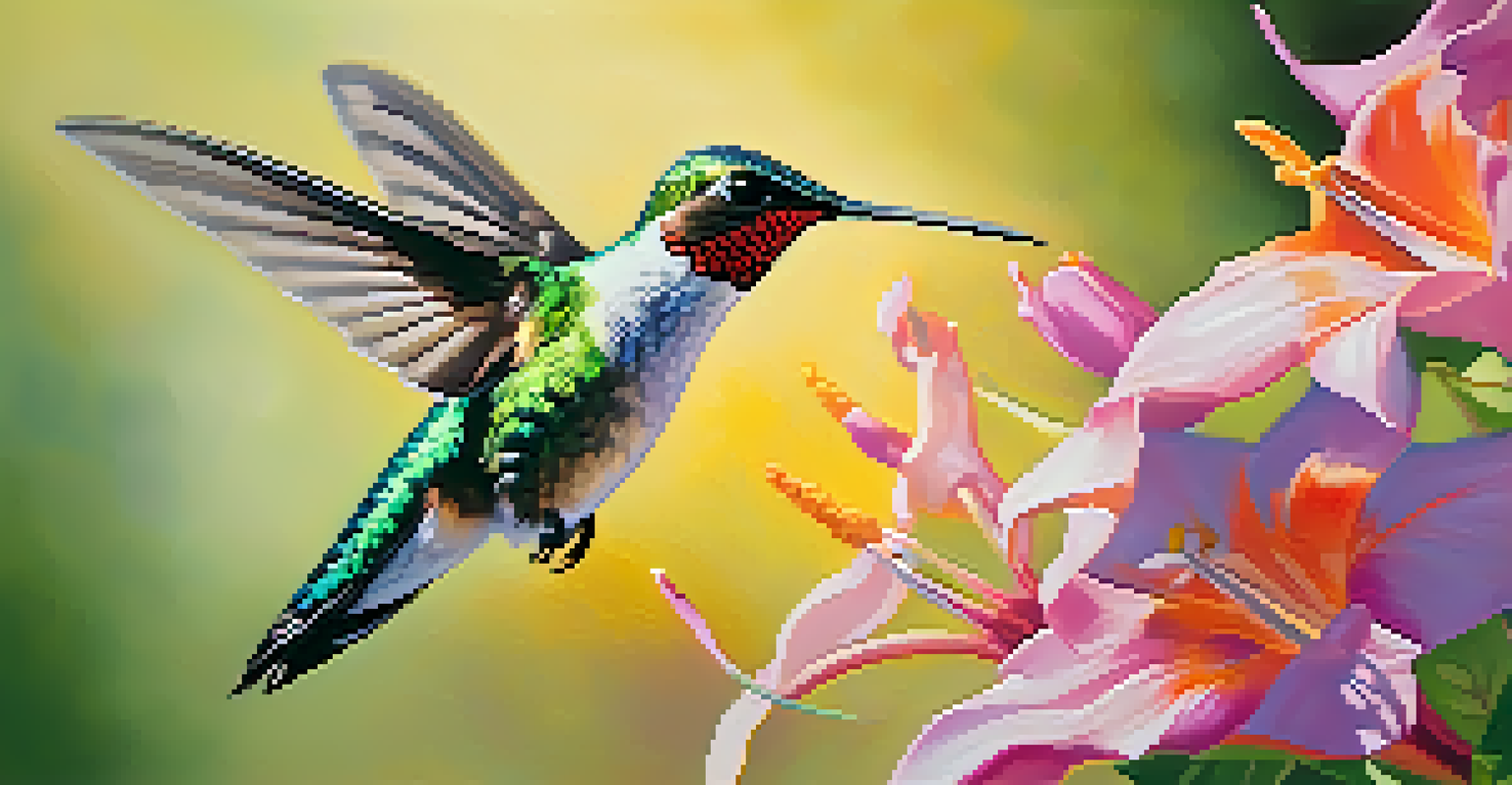A close-up of a hummingbird hovering near a colorful flower, highlighting its iridescent feathers.