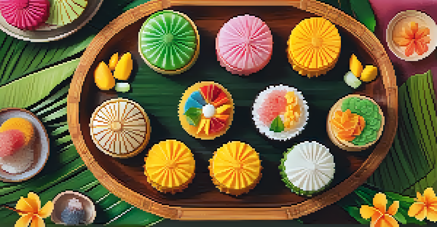 A colorful platter of Asian desserts including mochi, mango sticky rice, and mooncakes, set against a natural background.