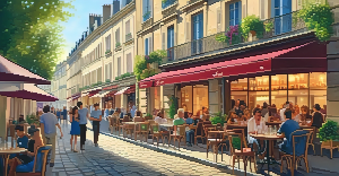 A scenic street in Bordeaux featuring bistros and cafes with outdoor seating, illuminated by warm golden hour sunlight.