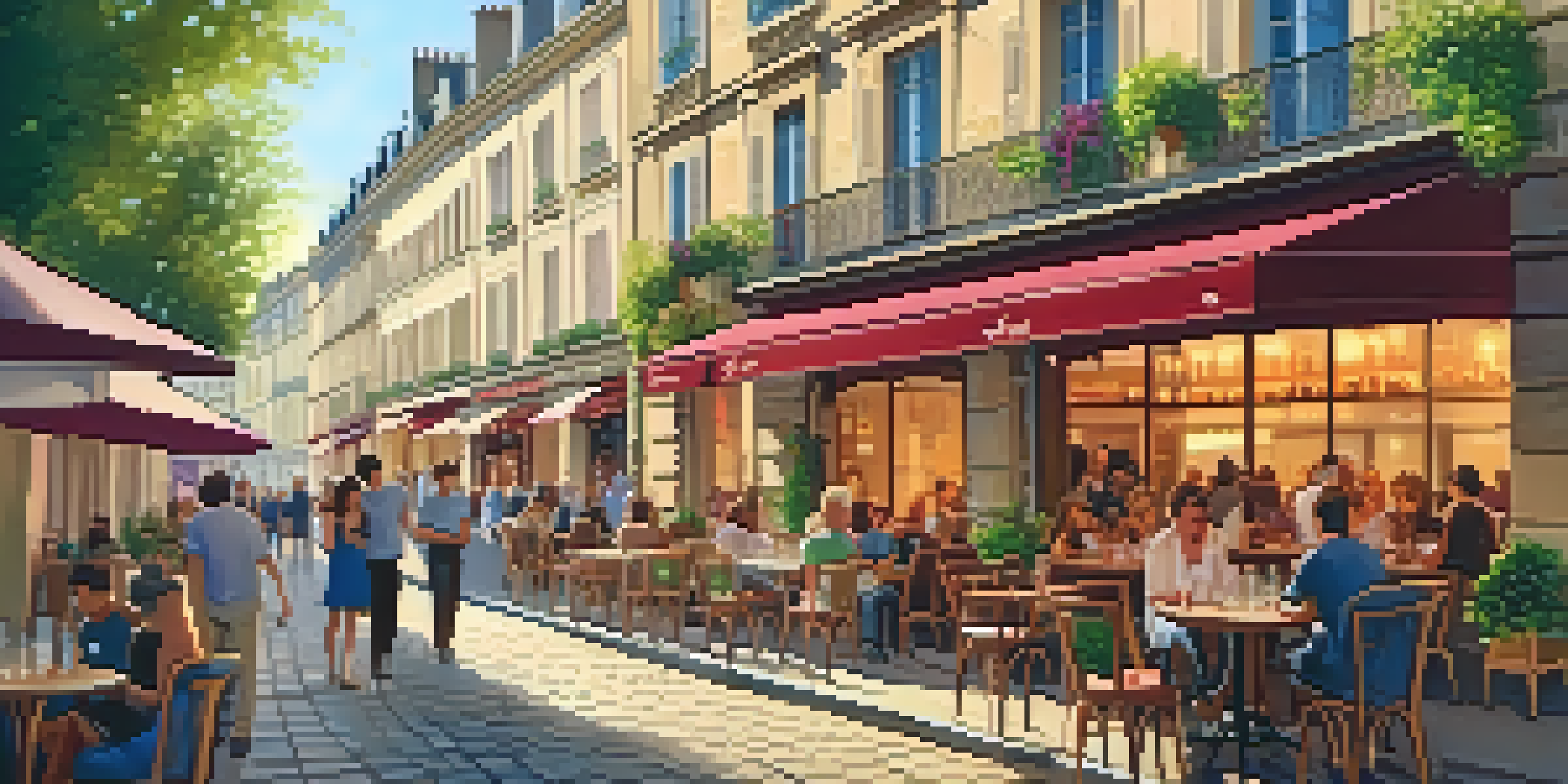 A scenic street in Bordeaux featuring bistros and cafes with outdoor seating, illuminated by warm golden hour sunlight.