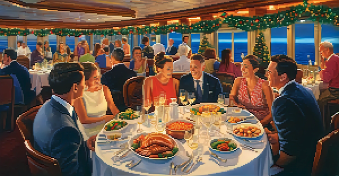 Guests enjoying a themed seafood dinner on a cruise ship, surrounded by colorful decorations and twinkling lights.