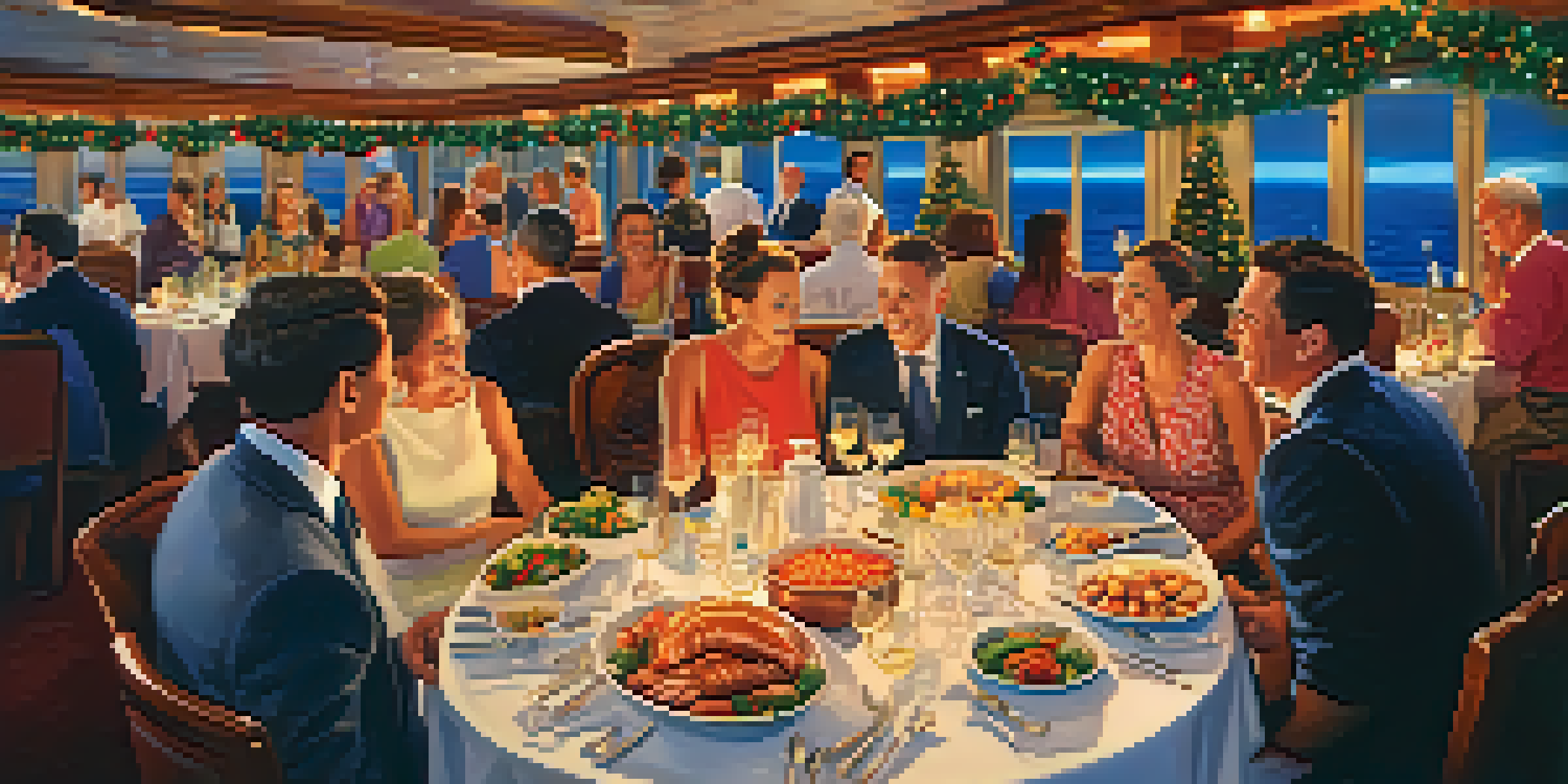 Guests enjoying a themed seafood dinner on a cruise ship, surrounded by colorful decorations and twinkling lights.
