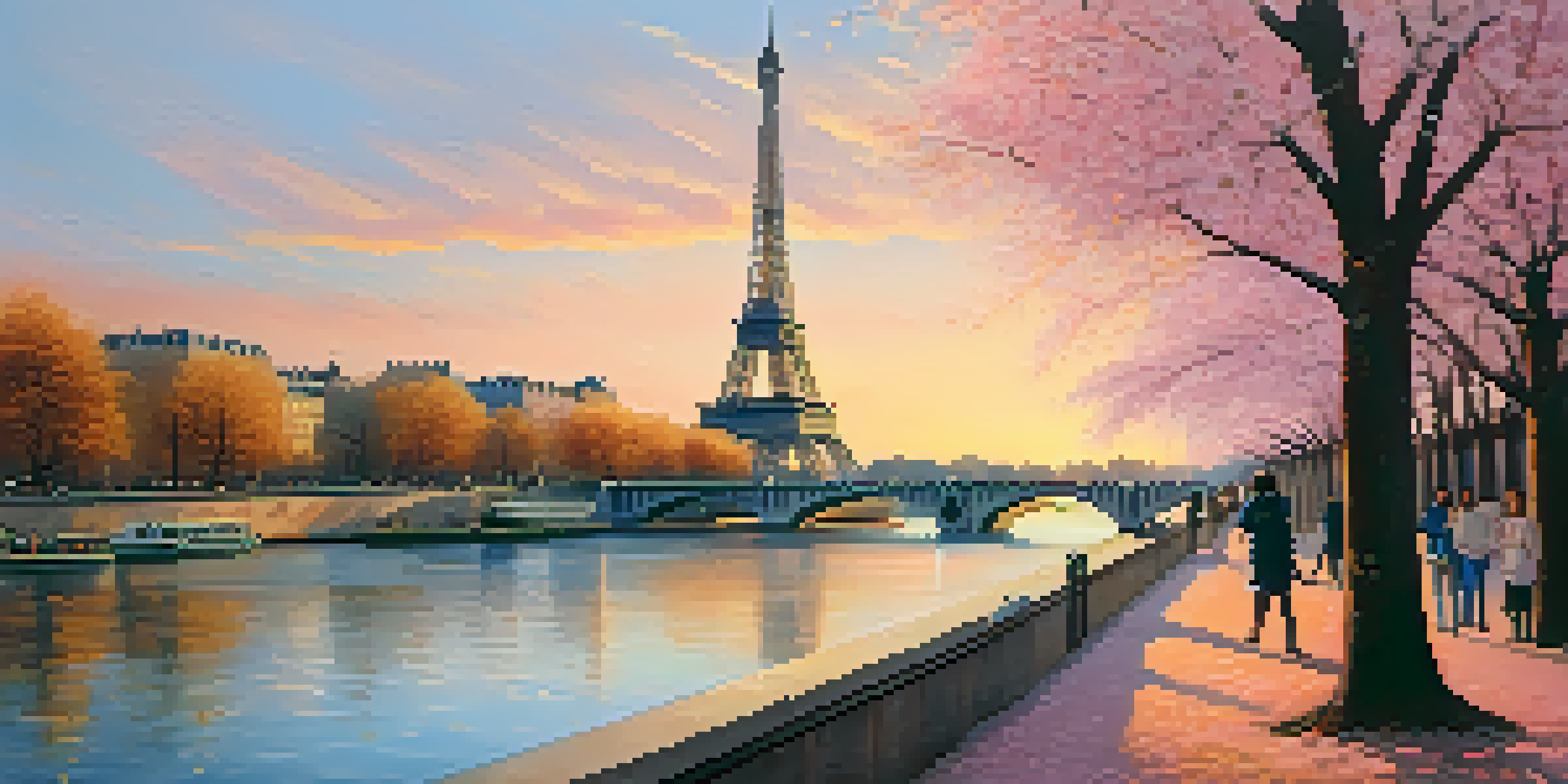 A sunset view of the Eiffel Tower surrounded by cherry blossom trees, with people walking along the Seine River.