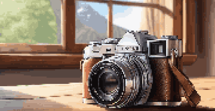 A compact mirrorless camera on a wooden table with a lightweight camera bag and a prime lens, illuminated by soft natural light.