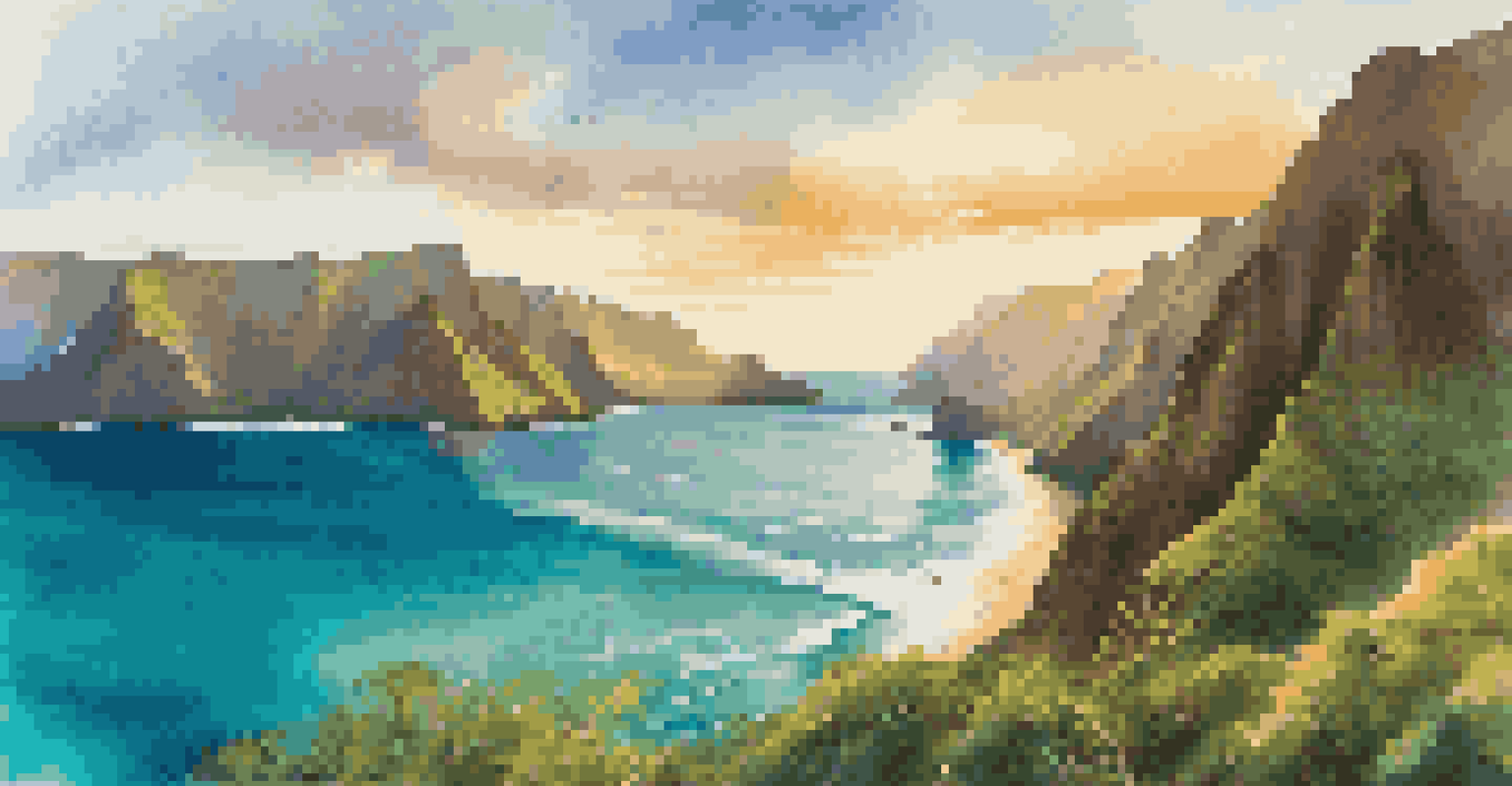 Panoramic view of the Na Pali Coast at sunset, with rugged cliffs and emerald valleys illuminated by golden light.