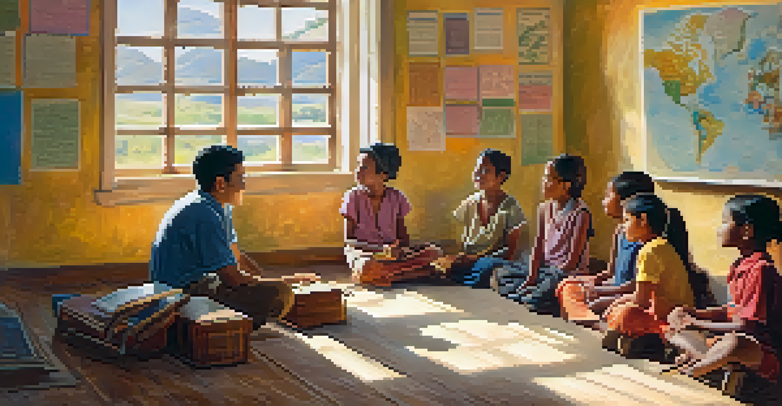 A traveler teaching local children in a vibrant classroom.