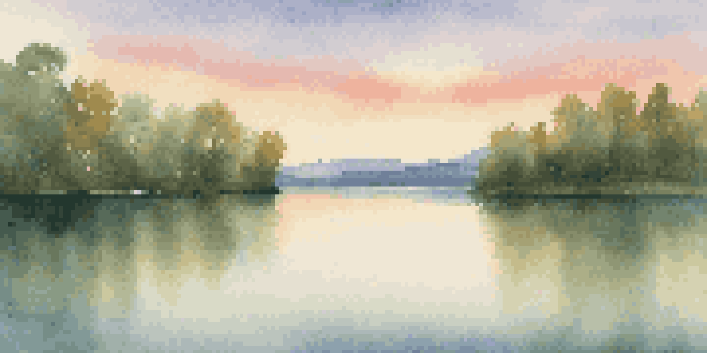 A peaceful lake at golden hour, with green trees and mountains in the background, reflecting soft pastel colors in the water.
