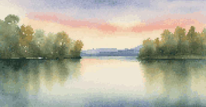 A peaceful lake at golden hour, with green trees and mountains in the background, reflecting soft pastel colors in the water.