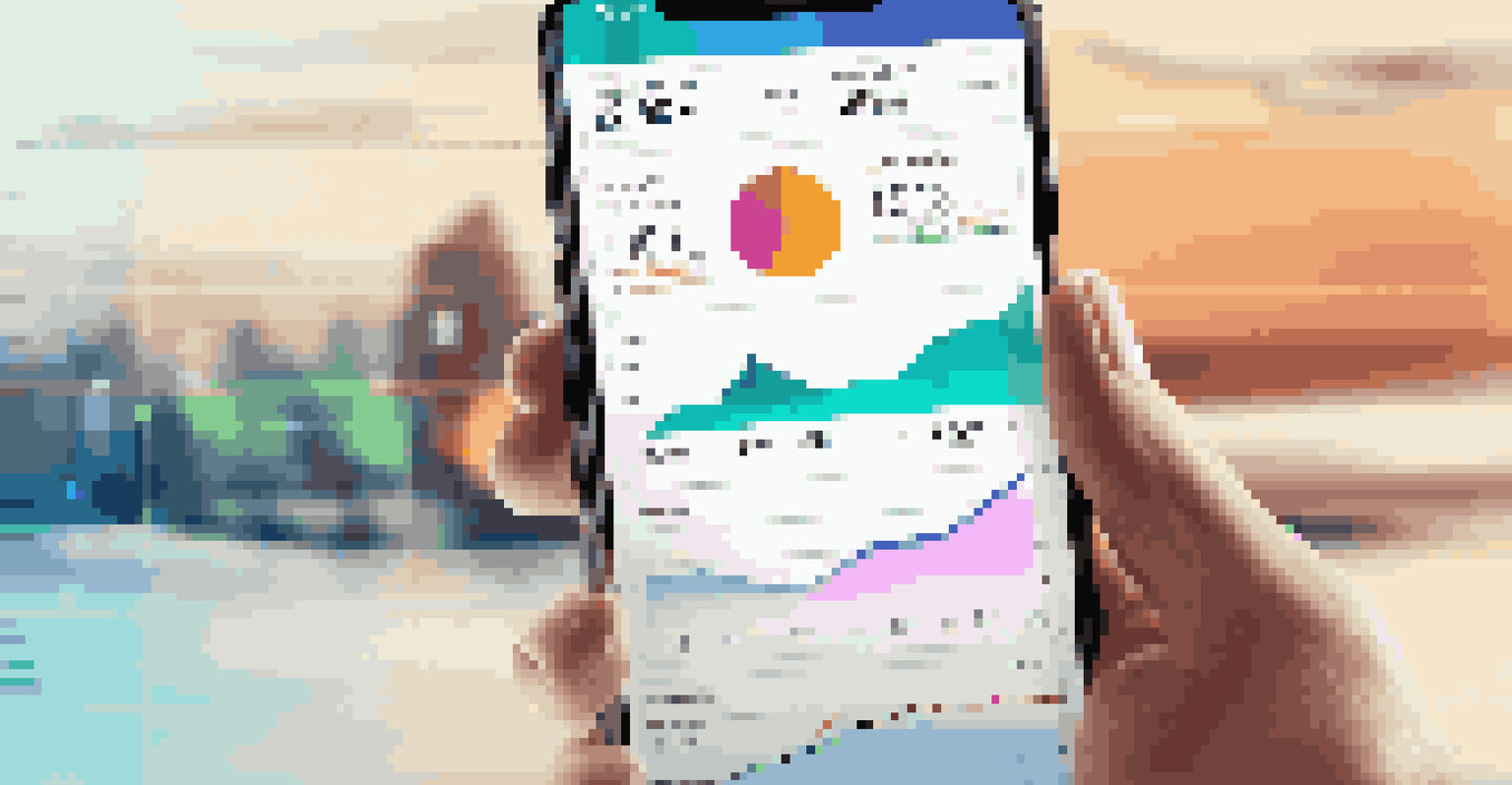 A smartphone displaying a travel budgeting app's colorful graphs against a blurred travel destination background.