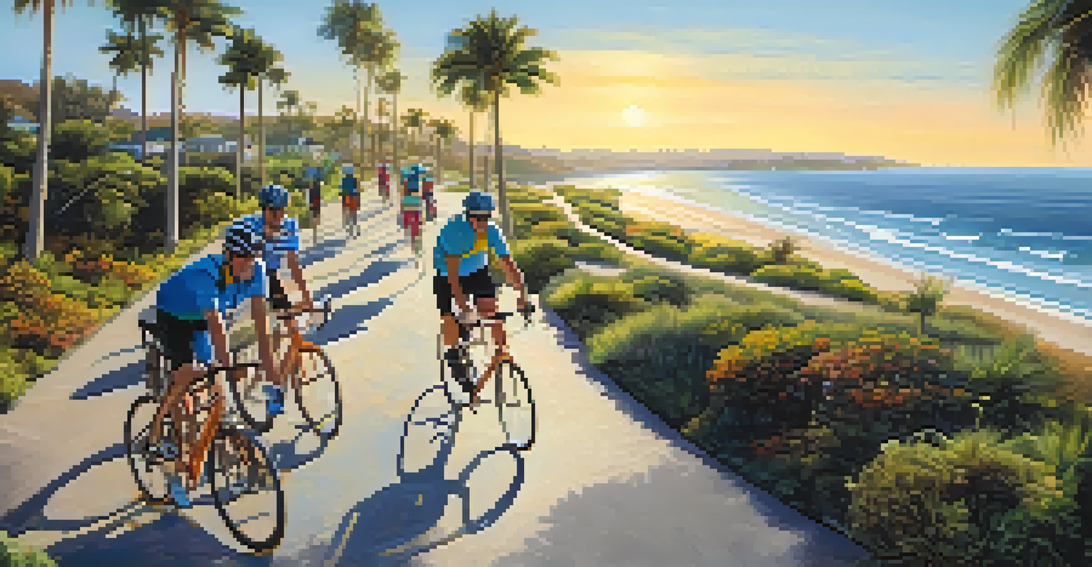 Aerial view of a coastal bike path with cyclists riding under palm trees, alongside a sparkling ocean.