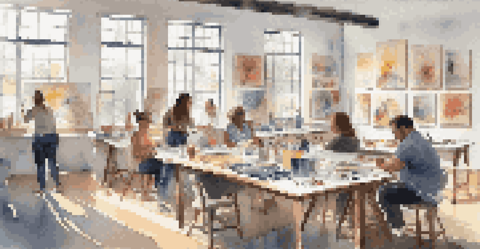 A vibrant art workshop with participants sharing their sketches in a bright studio filled with art supplies.