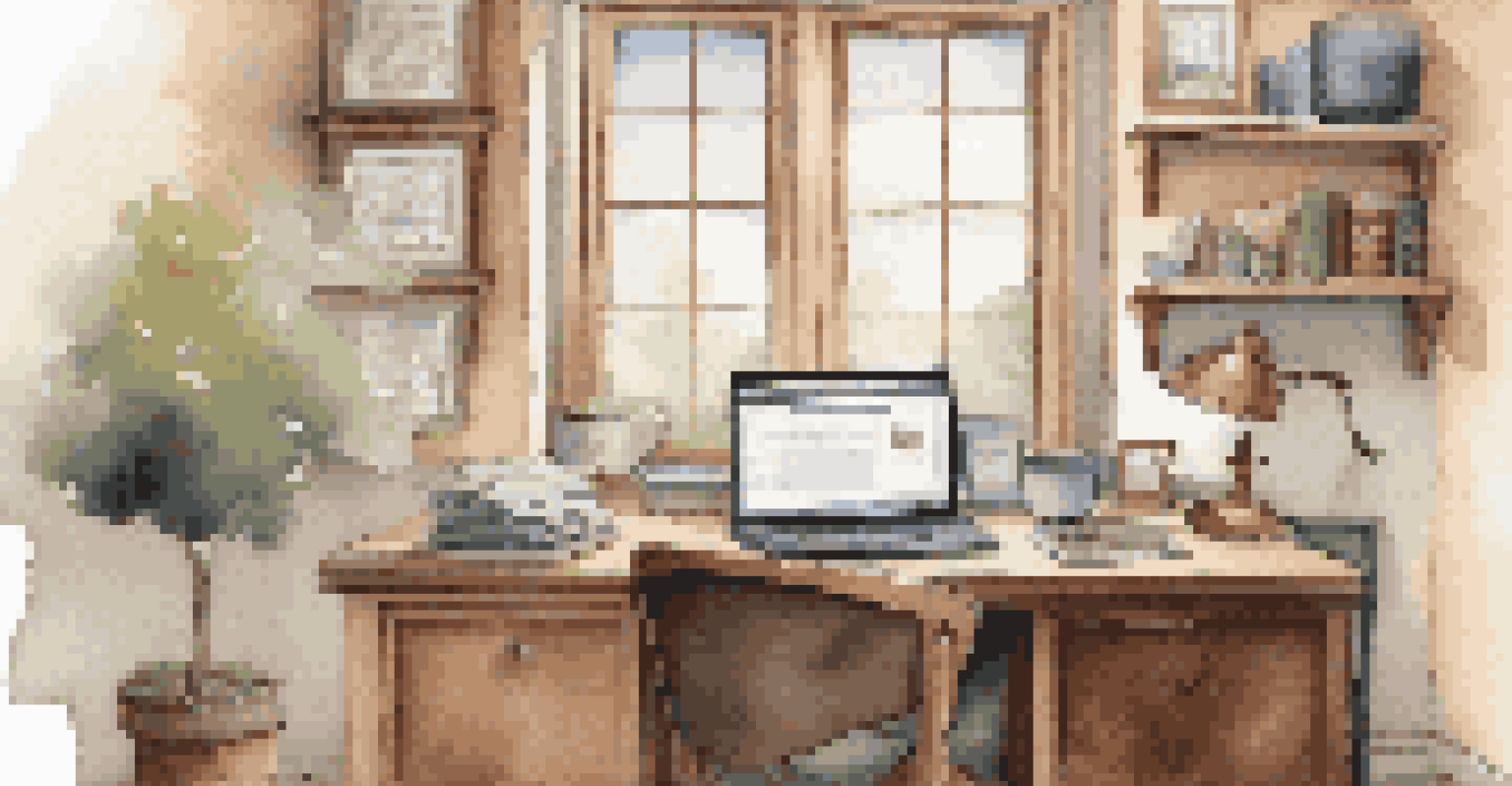 A cozy home office with a computer displaying a genealogy website, family history books, and a family tree chart.