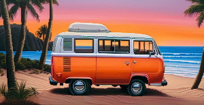A cozy van parked by a secluded beach during sunset, with warm colors in the sky and gentle waves.