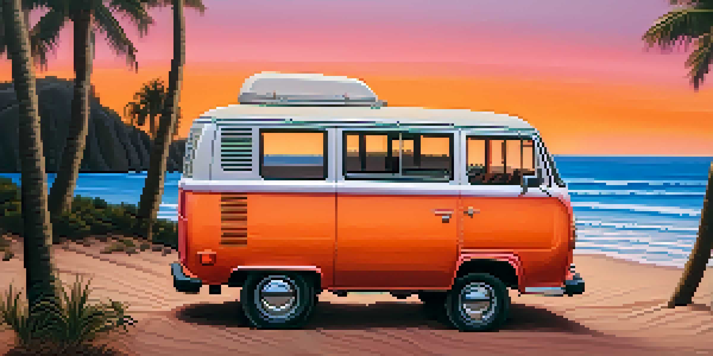 A cozy van parked by a secluded beach during sunset, with warm colors in the sky and gentle waves.