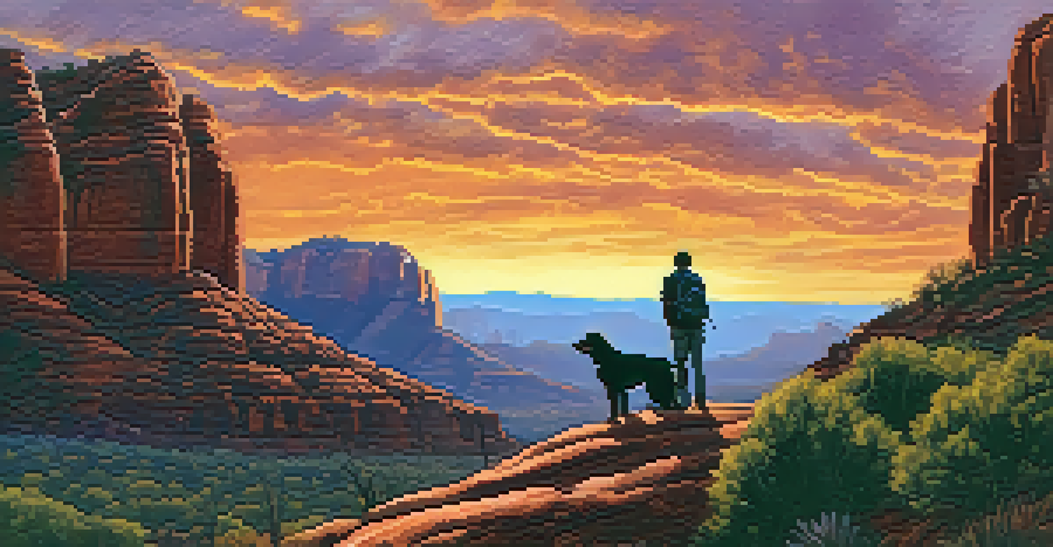 A man hiking with his dog at sunset in Sedona, Arizona, surrounded by red rock formations.