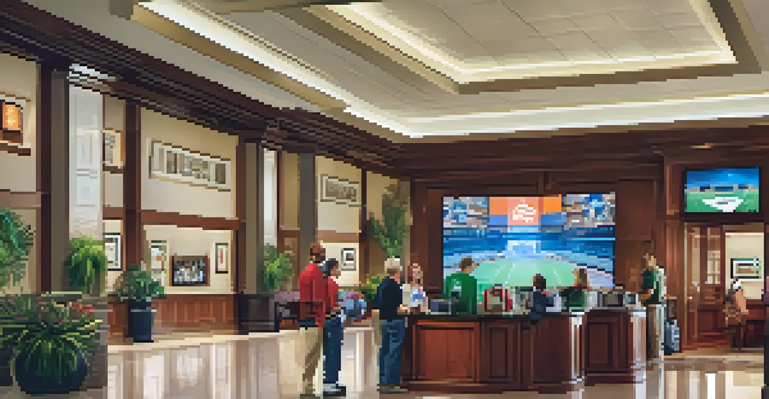A family checking into a hotel lobby decorated with sports memorabilia and a large screen showing a live sports event.