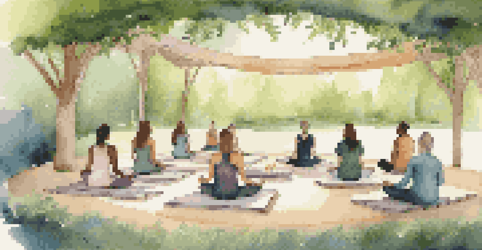 Participants meditating in a peaceful outdoor setting surrounded by trees, creating a serene atmosphere.