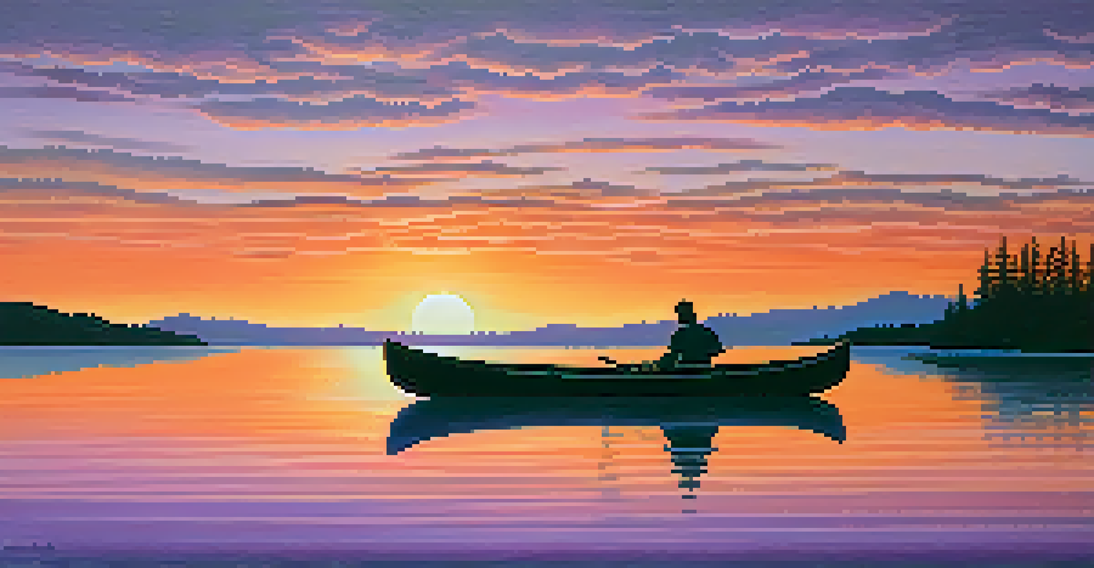 A peaceful sunset over a lake with mountains in the distance and a canoe on the water reflecting vibrant colors.