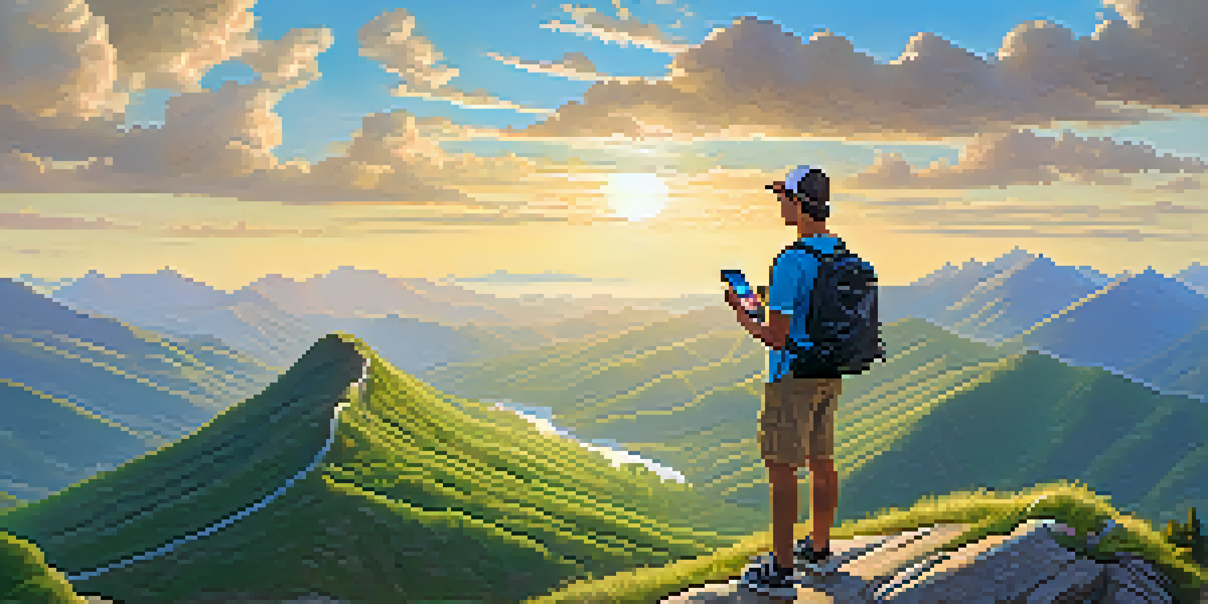 A traveler at a mountain overlook holding a portable phone charger and taking a picture with their smartphone, surrounded by a beautiful landscape.