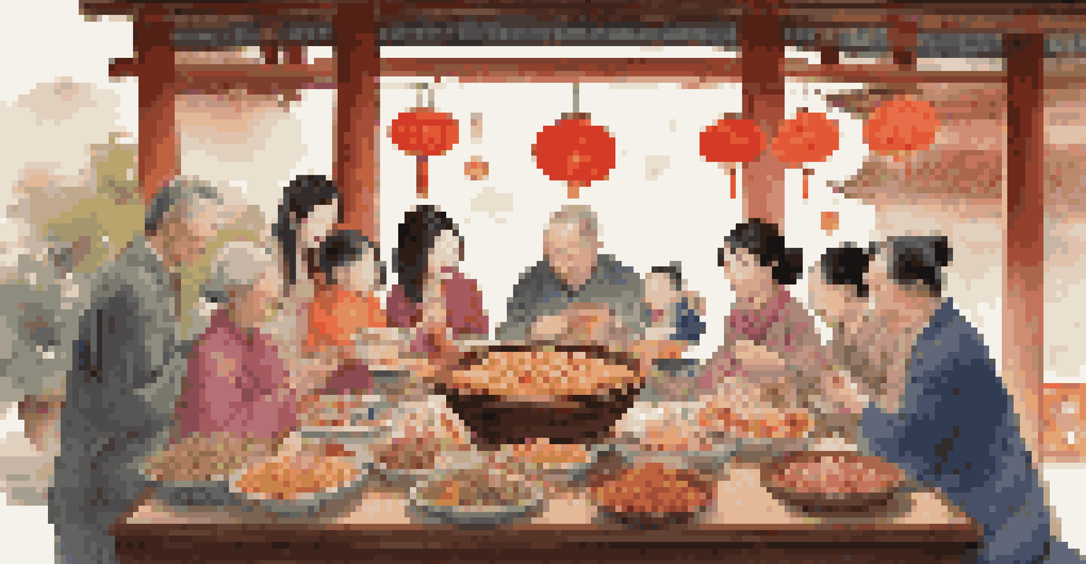 A family gathering around a table filled with traditional Lantern Festival foods, including tangyuan and decorated with lanterns.