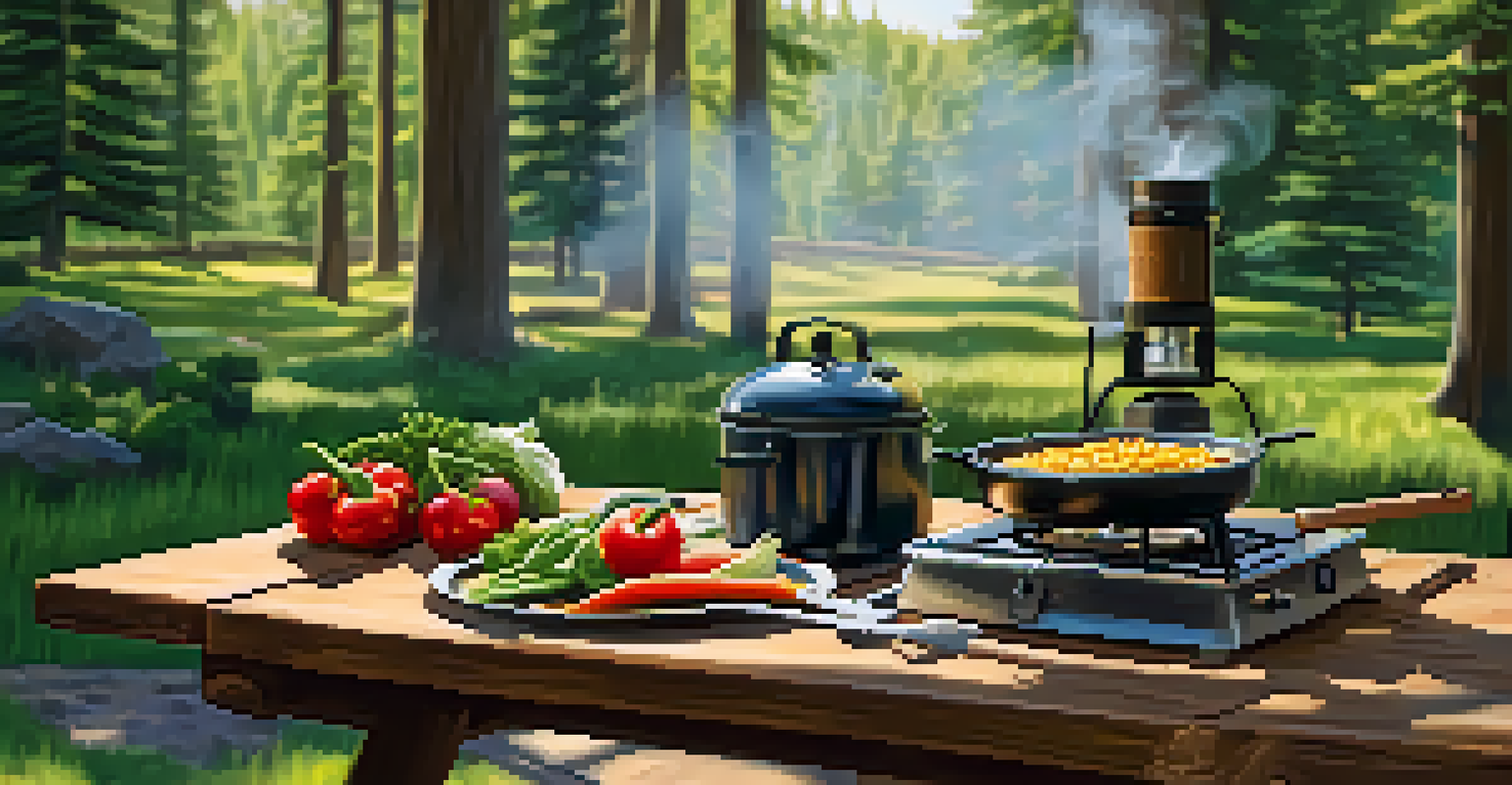 A camping stove on a picnic table with fresh vegetables and a forest backdrop.
