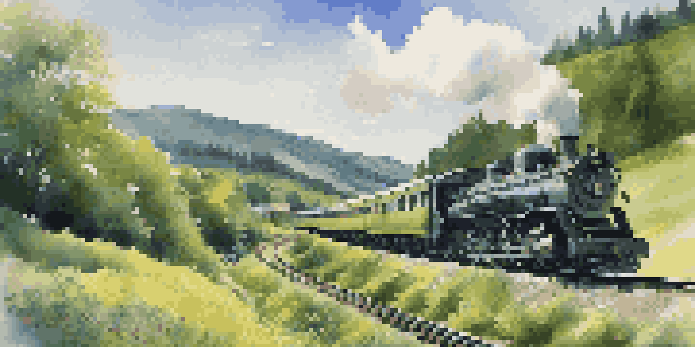 A train moving through a vibrant green landscape with hills and wildflowers under a bright blue sky.