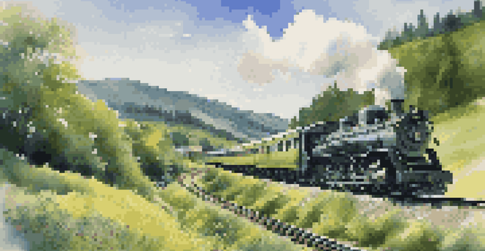 A train moving through a vibrant green landscape with hills and wildflowers under a bright blue sky.