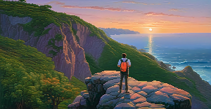 A lone traveler on a cliff at sunset, gazing over the ocean with a colorful sky.