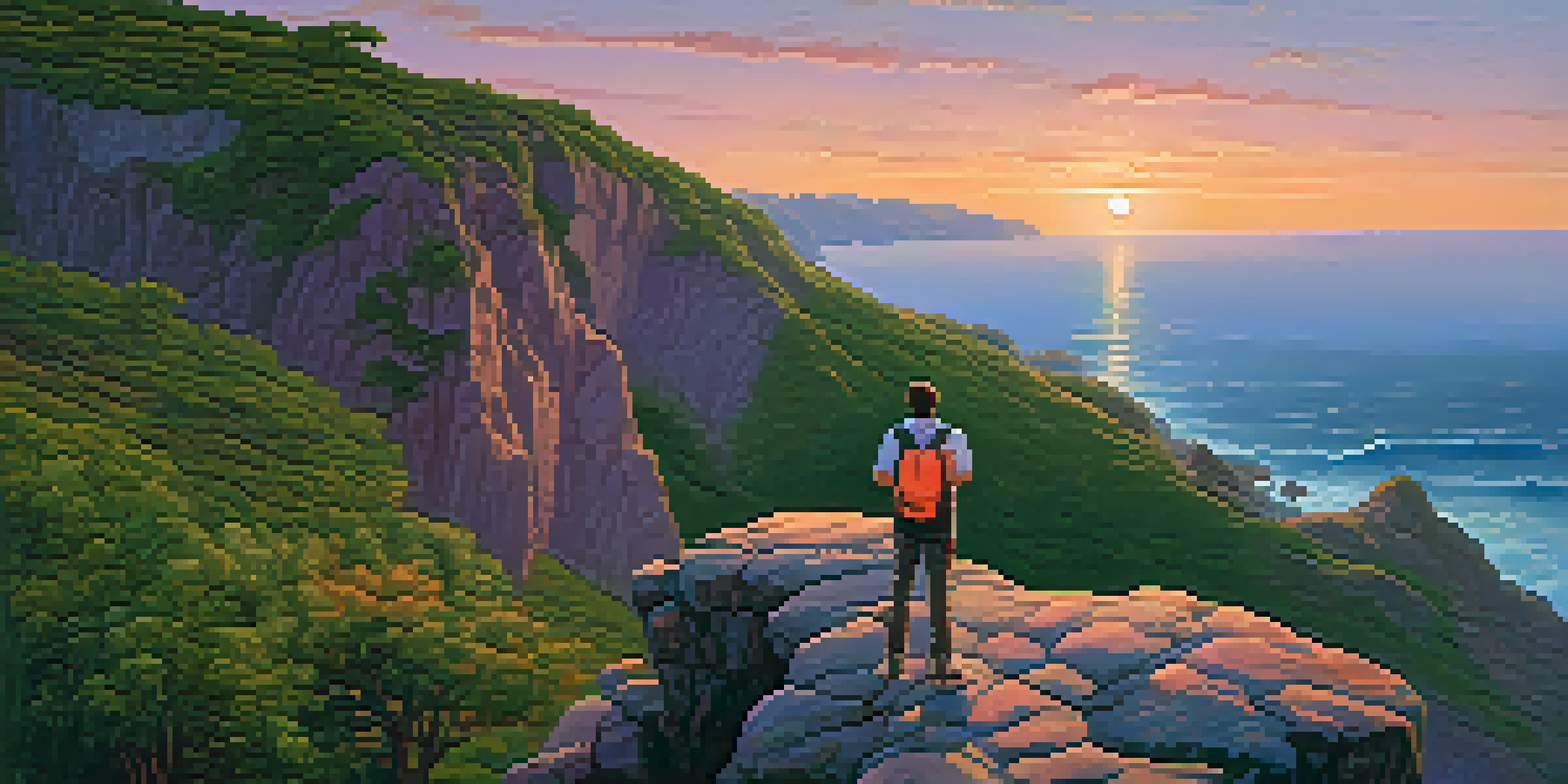 A lone traveler on a cliff at sunset, gazing over the ocean with a colorful sky.
