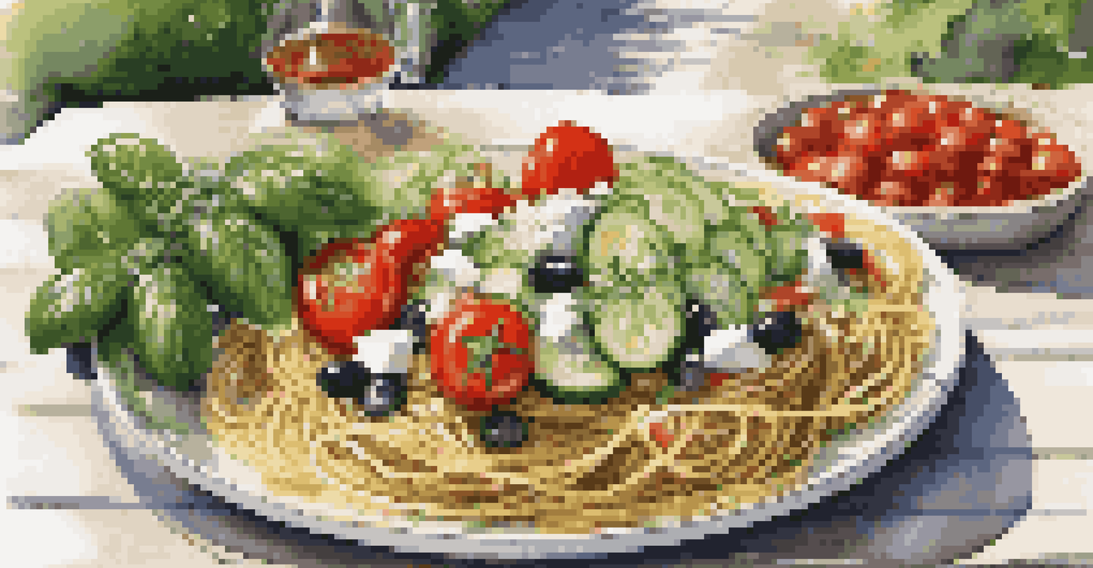 A Mediterranean vegan spread featuring a Greek salad and whole grain spaghetti on a sunlit patio.