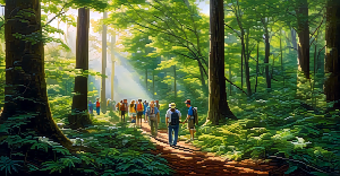 A lush forest with sunlight filtering through trees, showing eco-tourists observing wildlife.