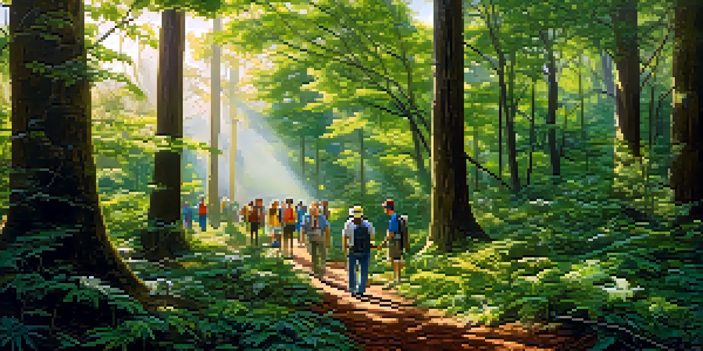 A lush forest with sunlight filtering through trees, showing eco-tourists observing wildlife.