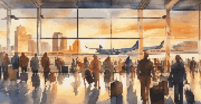 A busy airport terminal filled with travelers checking flight information on their smartphones, bathed in warm golden sunlight during sunset.