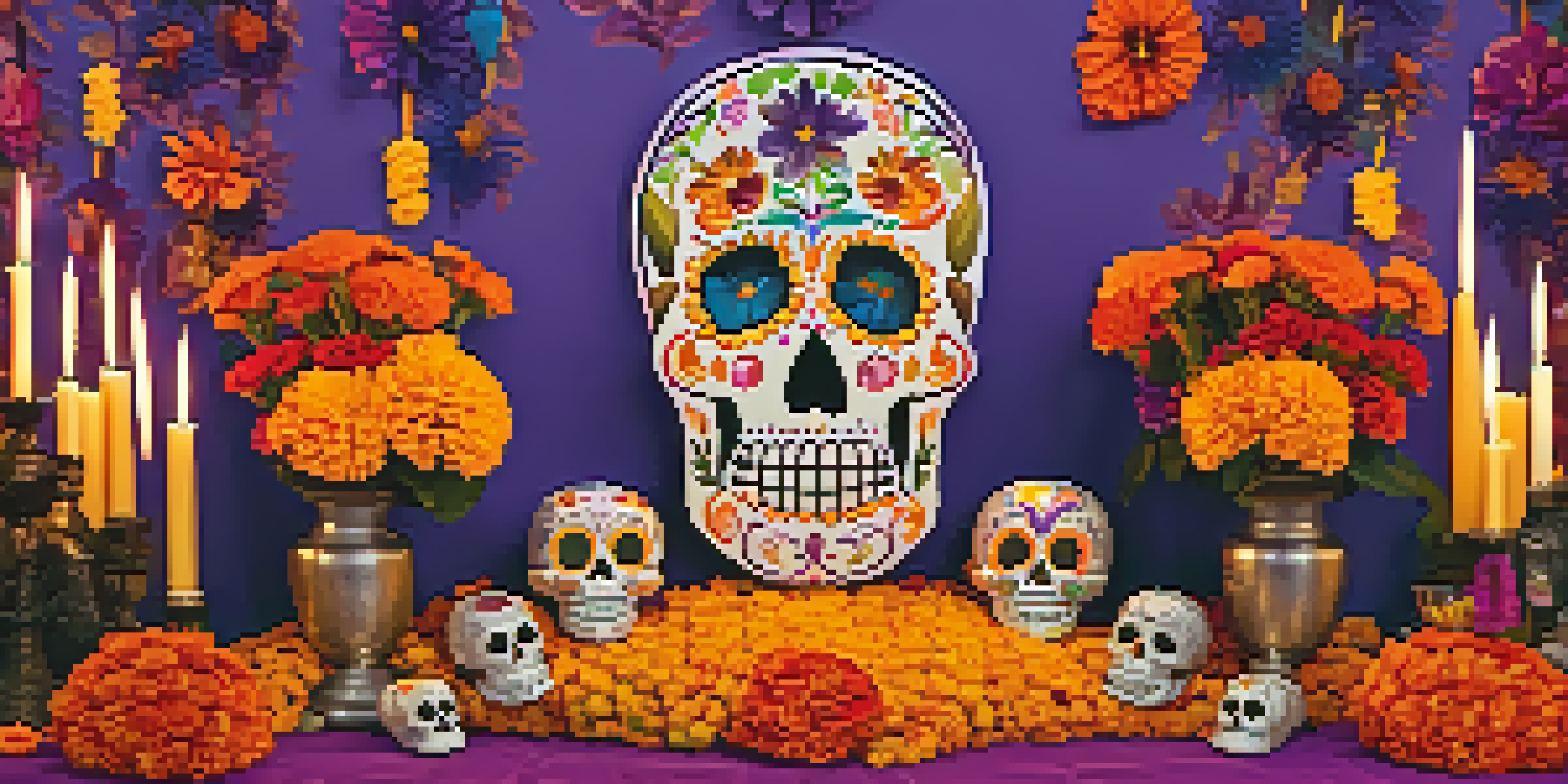 A colorful altar for Día de los Muertos featuring marigolds, sugar skulls, and candles, creating a warm and festive atmosphere.