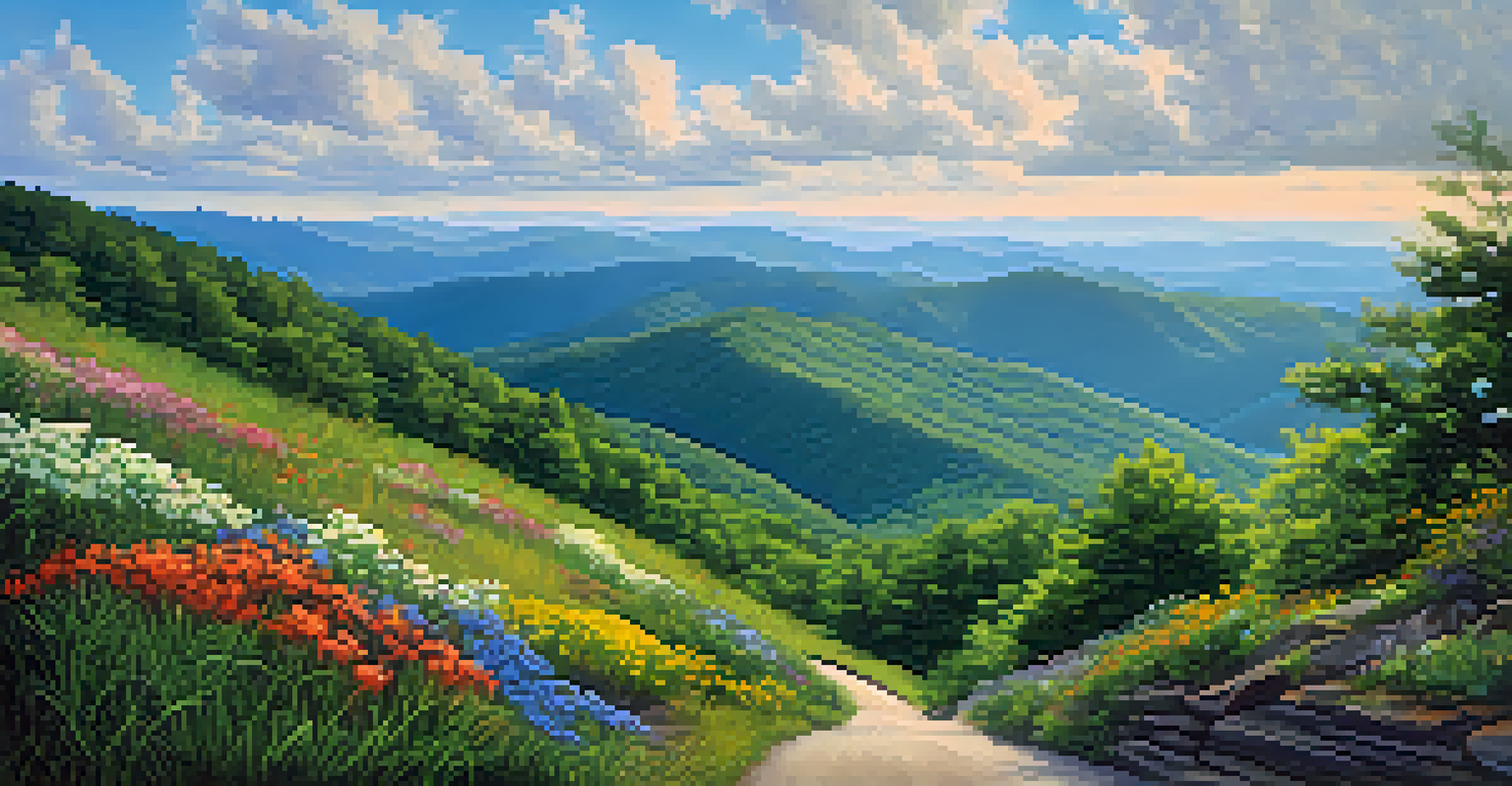 Rolling hills with colorful wildflowers under a bright blue sky, showcasing the beauty of the Appalachian Mountains.