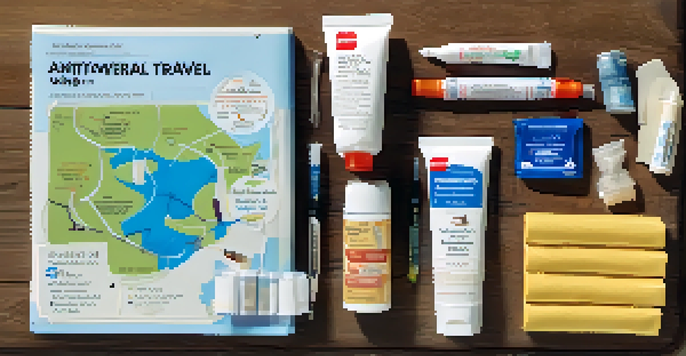 A travel health kit with medical supplies arranged on a wooden table, beside a map and travel guide.