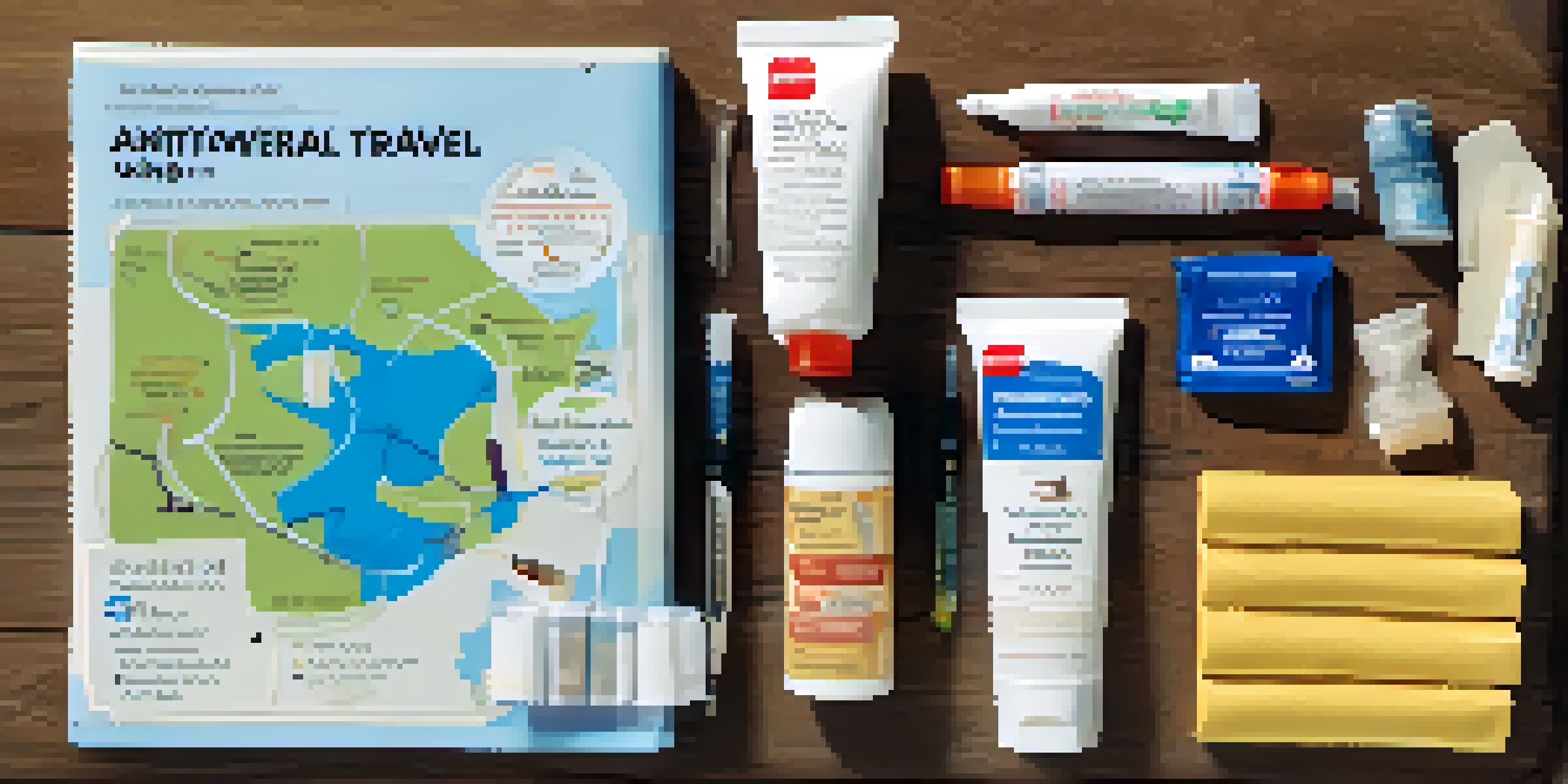 A travel health kit with medical supplies arranged on a wooden table, beside a map and travel guide.