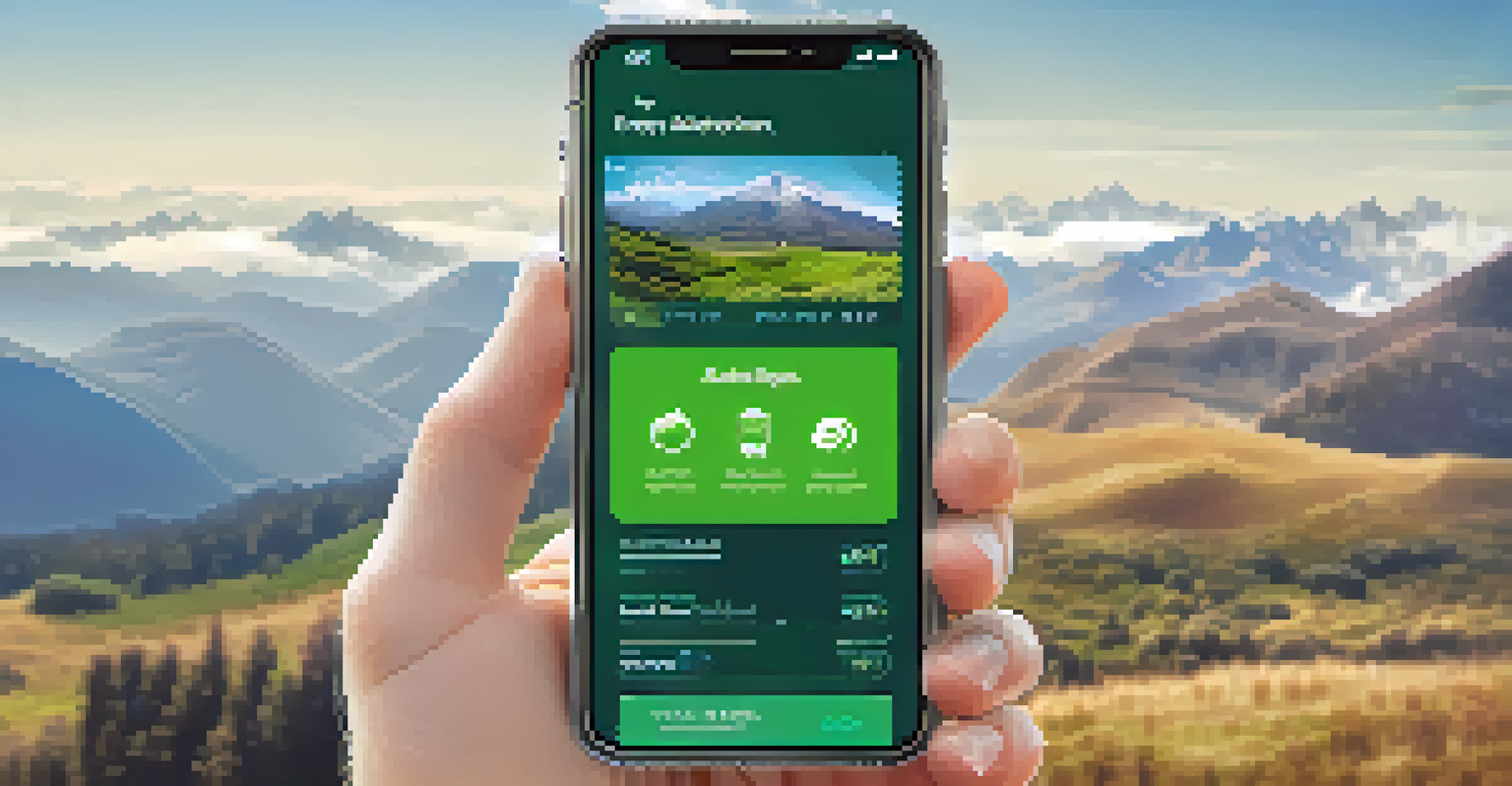 A close-up of hands holding a smartphone with a green travel app, set against a picturesque mountain landscape with a clear blue sky.