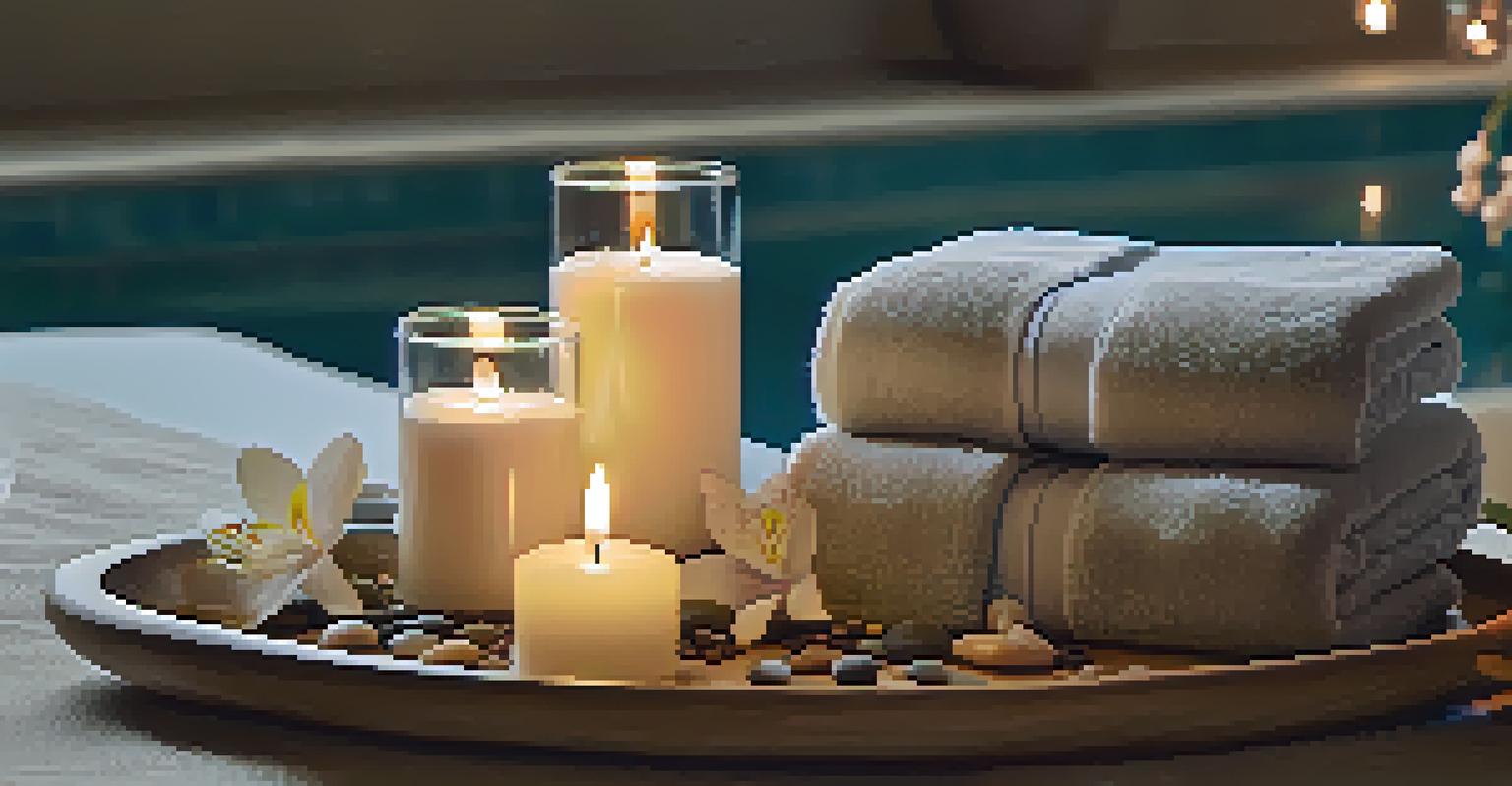A spa treatment table with towels, essential oils, and a candle in a softly lit room, creating a peaceful atmosphere.