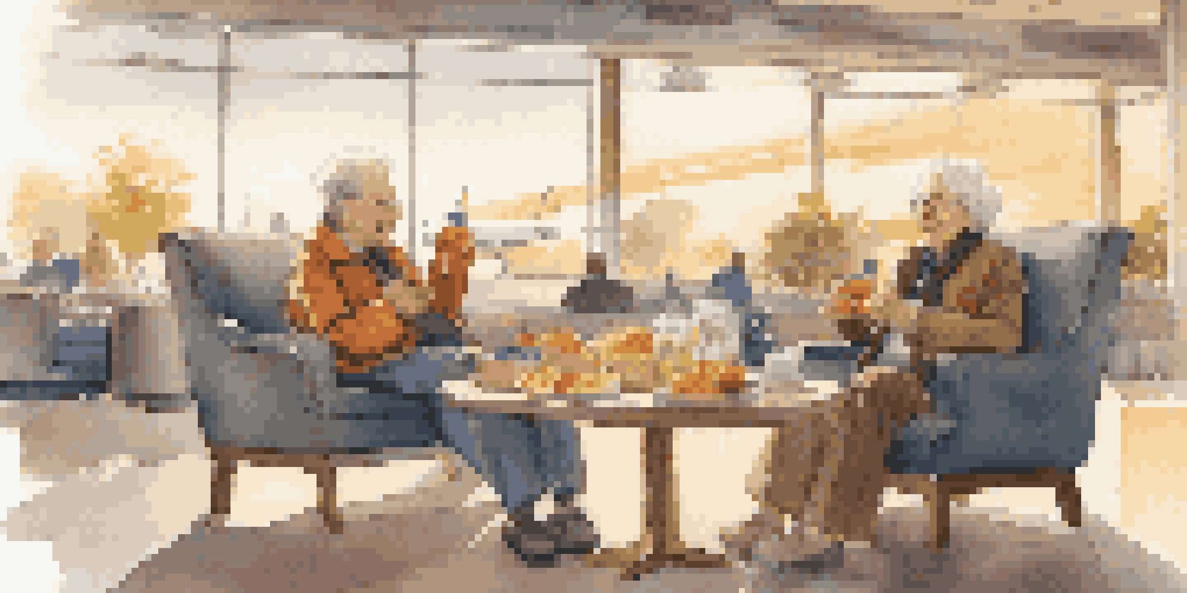 A senior couple relaxing in an airport lounge, dressed comfortably and enjoying snacks and water, with a calm airport environment around them.