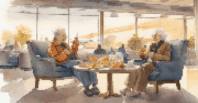 A senior couple relaxing in an airport lounge, dressed comfortably and enjoying snacks and water, with a calm airport environment around them.