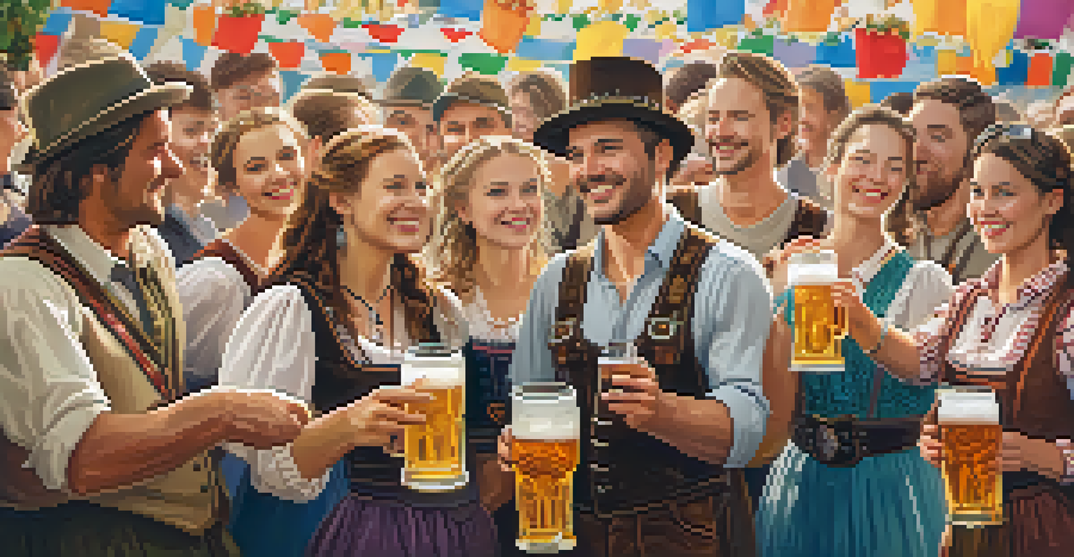 A group of friends and family in traditional Bavarian attire toasting with beer steins at Oktoberfest, surrounded by colorful tents and a festive atmosphere.