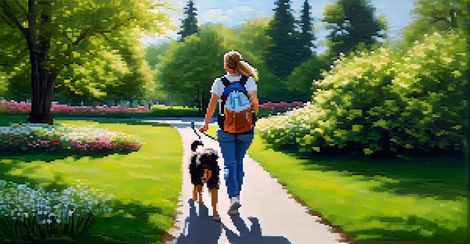 A pet owner enjoys a sunny day in the park with their dog, surrounded by green grass and colorful flowers, embodying a joyful travel break.