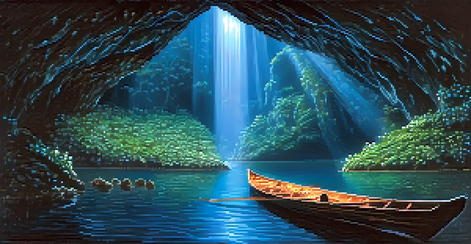 A boat in the Waitomo Caves surrounded by glowworms, reflecting lights in dark water.
